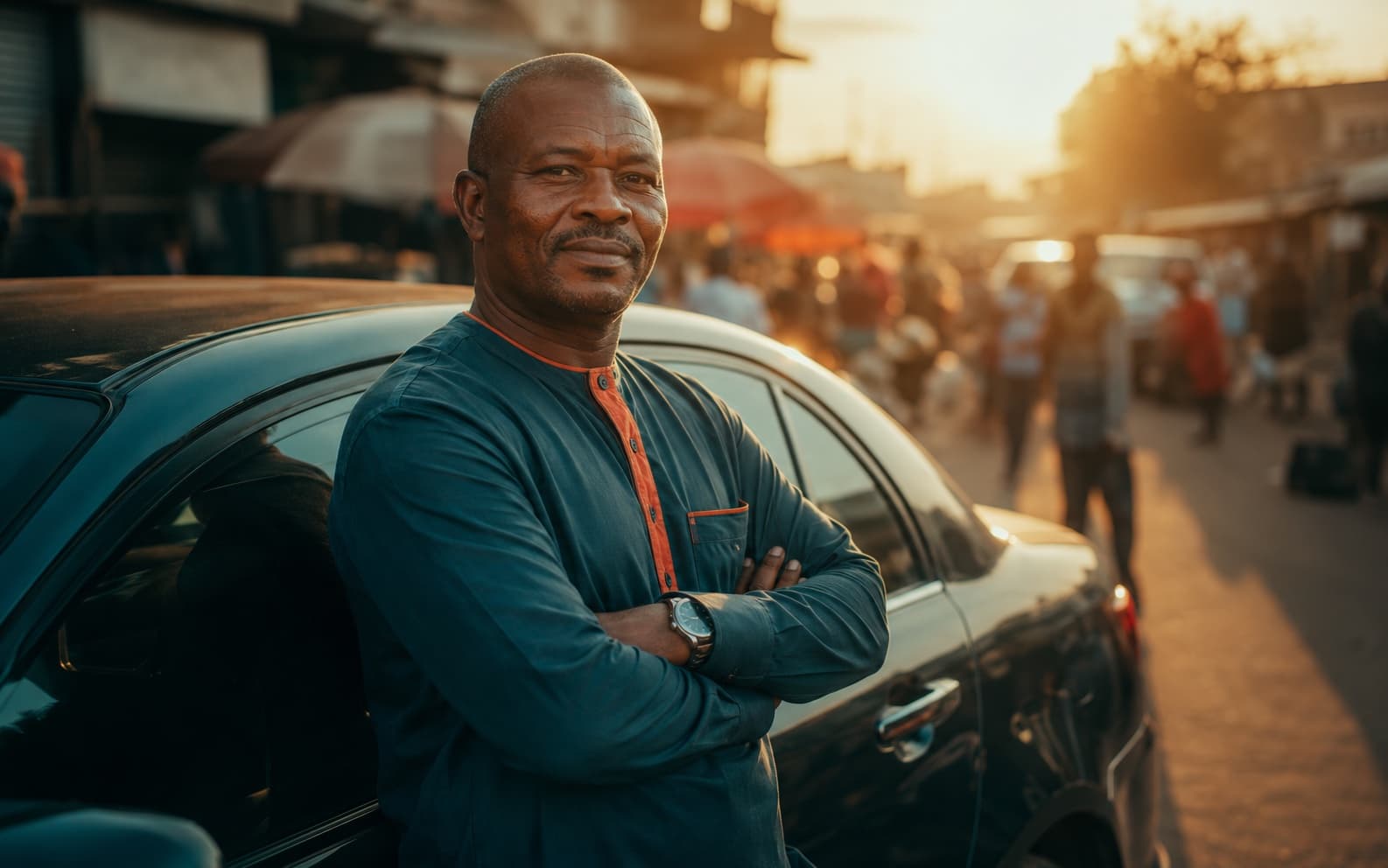 Driver leaning against his sedan at golden hour, arms crossed