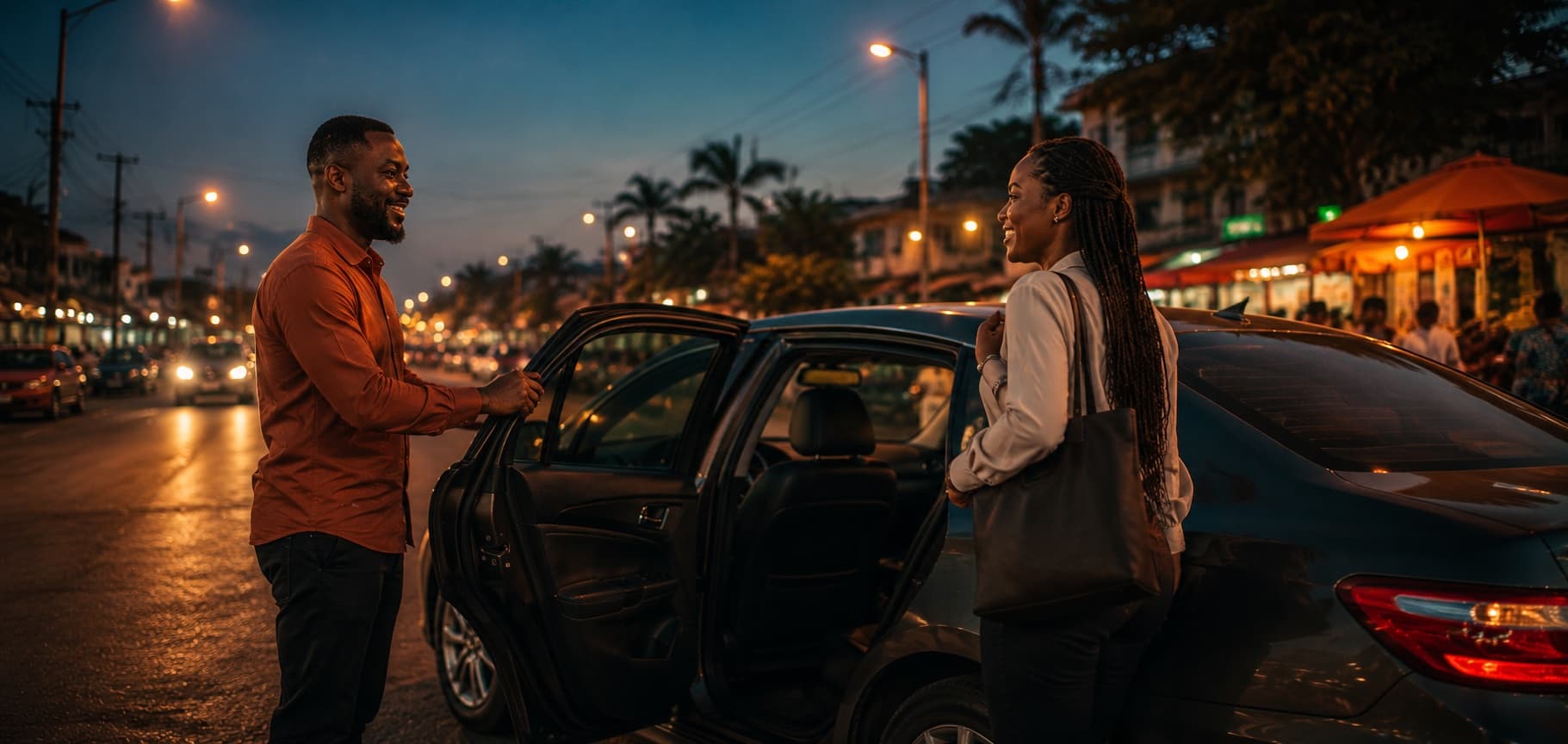 Driver greeting a rider by the open car door at dusk