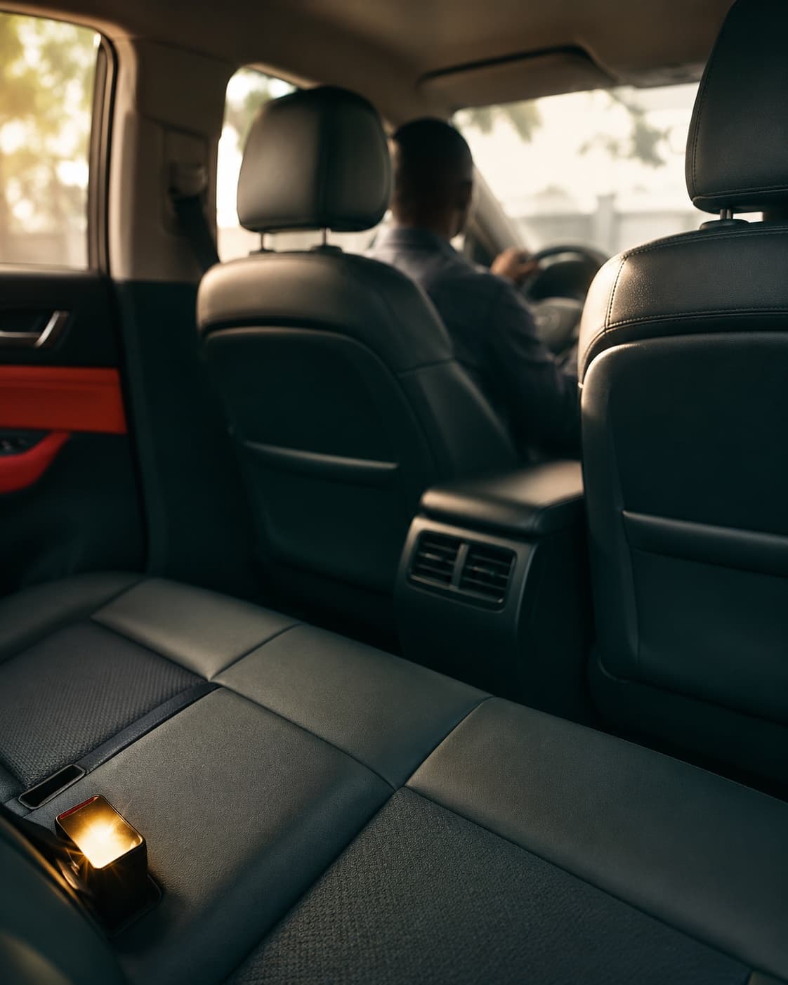 Spotless back seat of a well-kept sedan in morning light